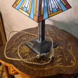 old art nouveau lamp, edgar brandt, tiffany style lampshade 37x28