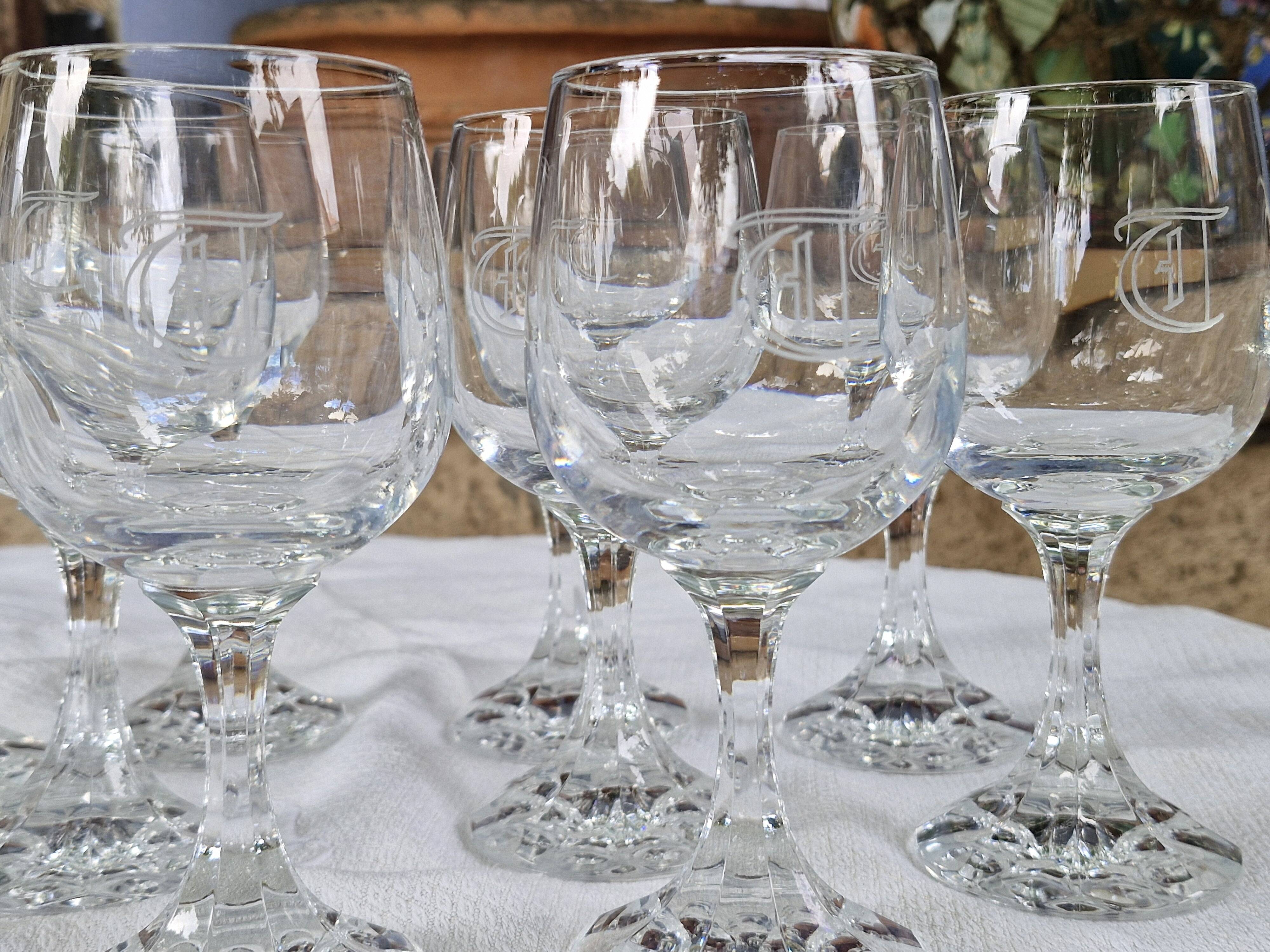 Vintage 10 Large Crystal Glasses - Engraved Logo - Cut Stem - Very Heavy