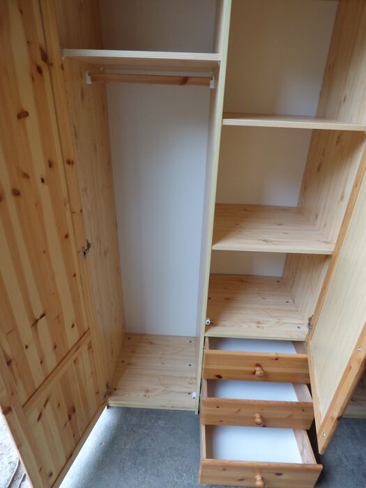 Wardrobe three doors, one with mirror, three drawers in solid pine wood