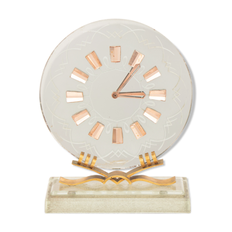 Art Deco Mirror Glass Clock on a gold fleck Glass Base