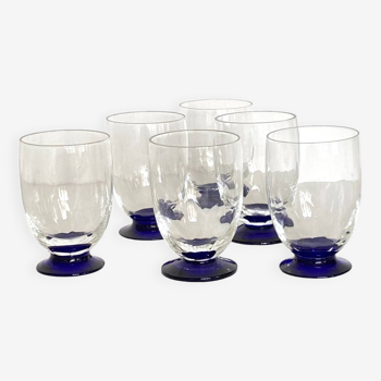 Set of 6 small art deco wine or water glasses and blue colored base vintage tableware ACC-7089