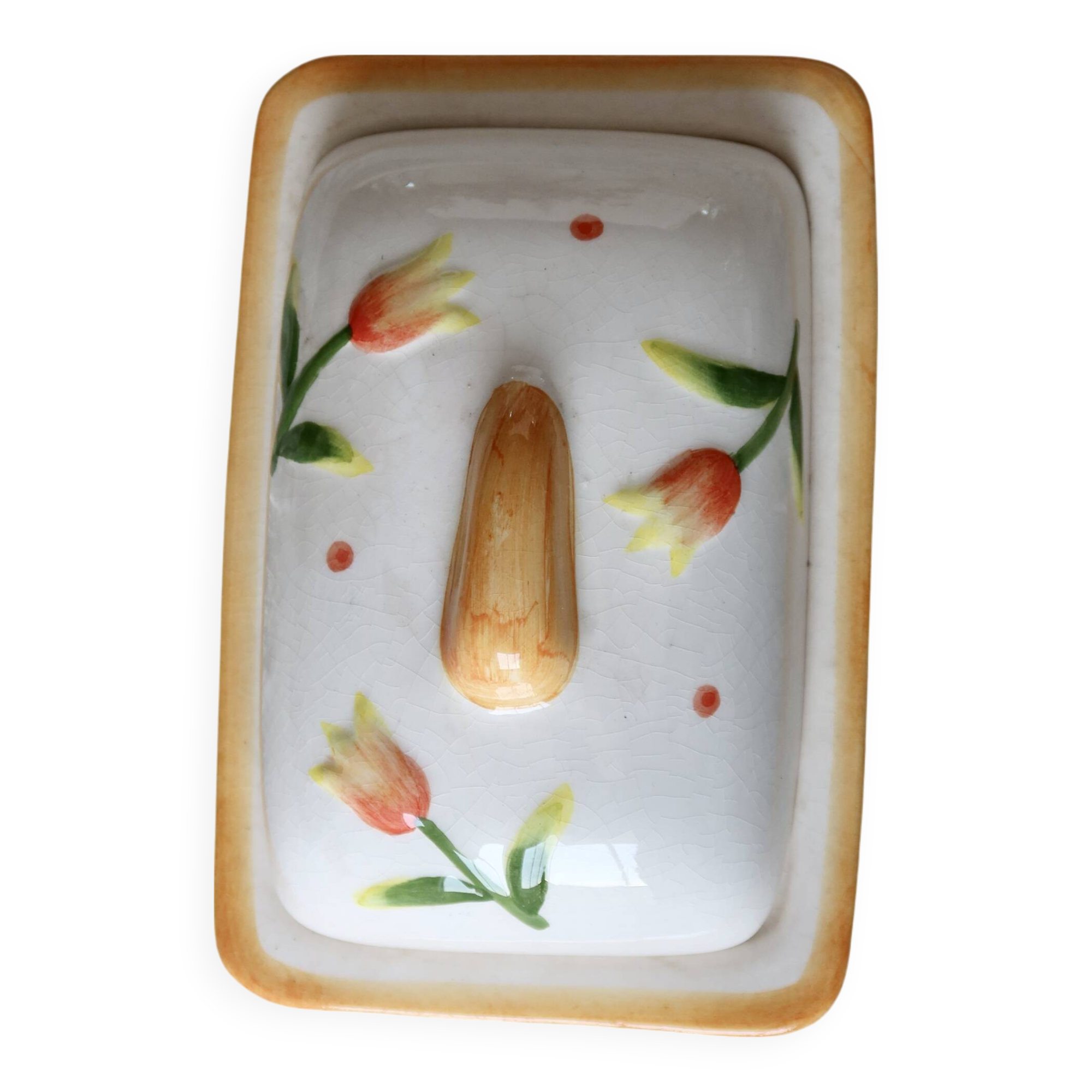 Vintage butter dish in earthenware and slip with tulip motif