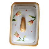 Beurrier vintage en faïence et barbotine tulipes