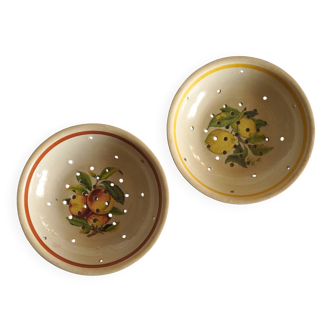 Set of 2 stoneware colanders/strainers, fruit designs, Digoin LML