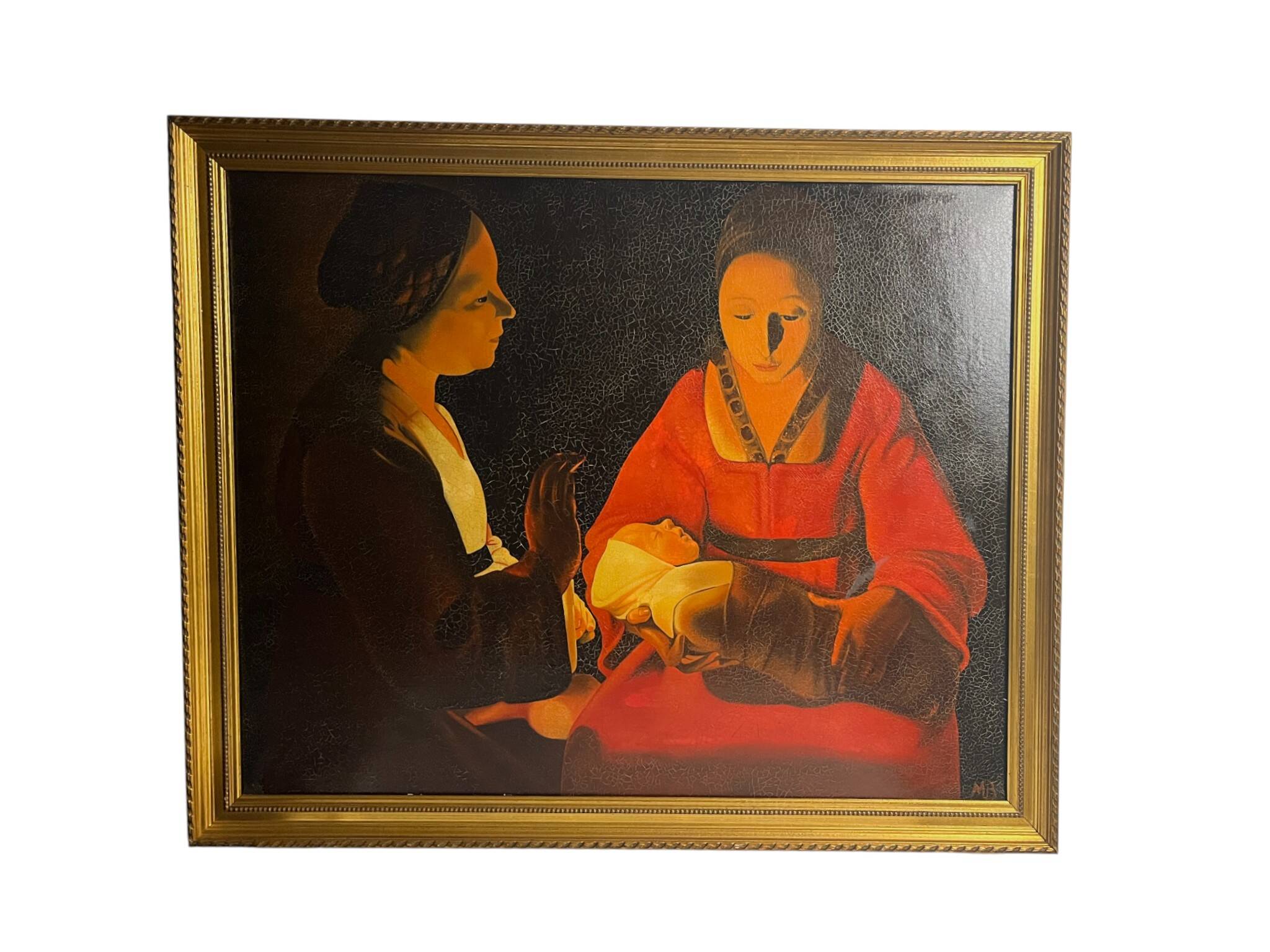 De la Tour, HST reproduction The Newborn gilded frame 20th century