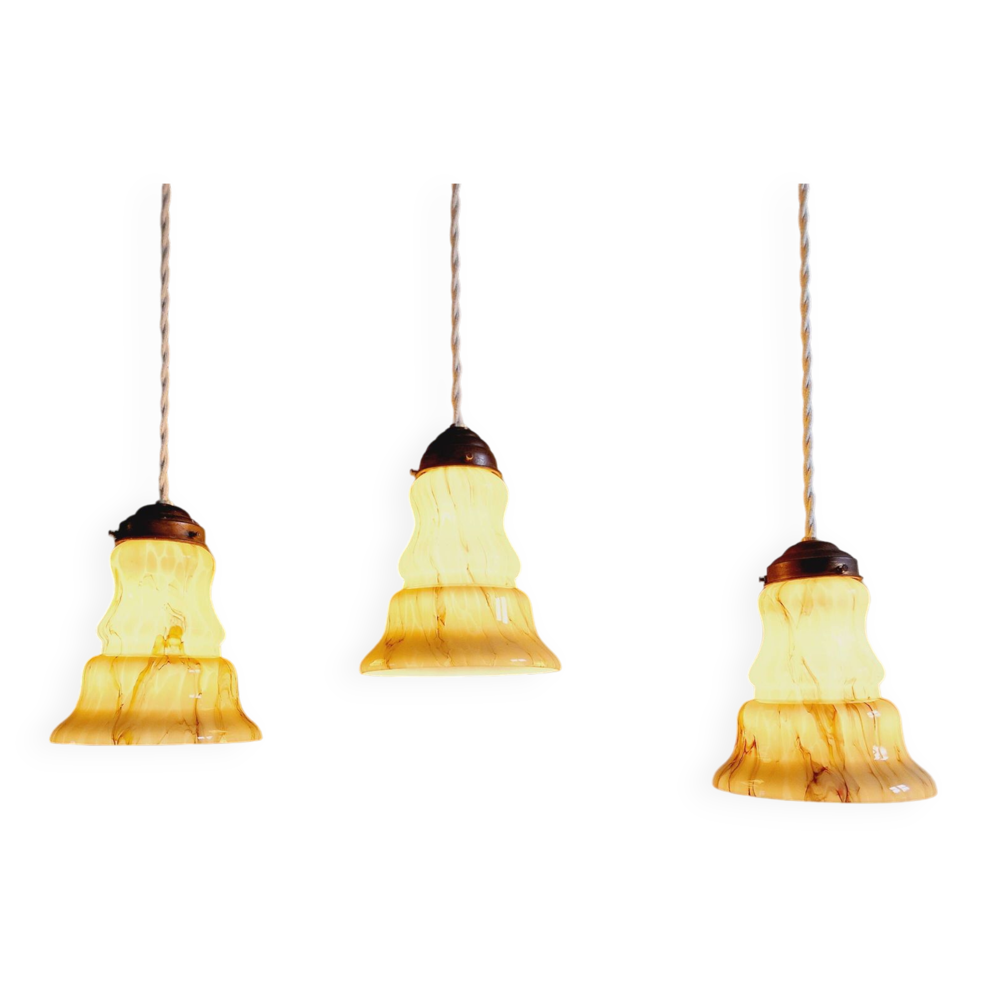 Set of 3 Art Deco marbled opaline pendant lights, 1920s-30s