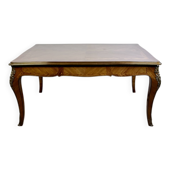 Louis XV style table with extensions in marquetry and bronze, 1940s