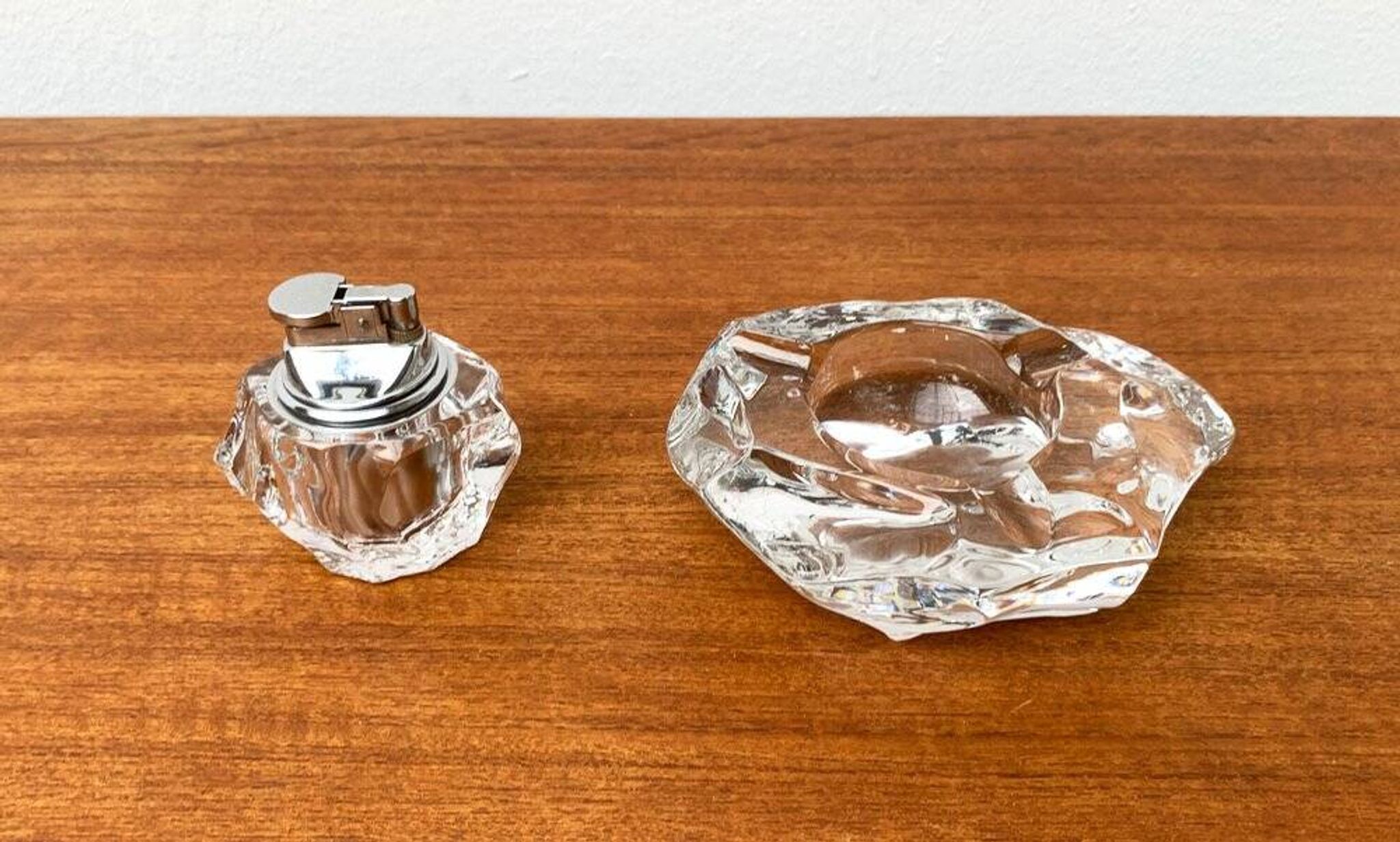 Mid-century Scandinavian heavy frosted glass table and ashtray, 1960s, set of 2.