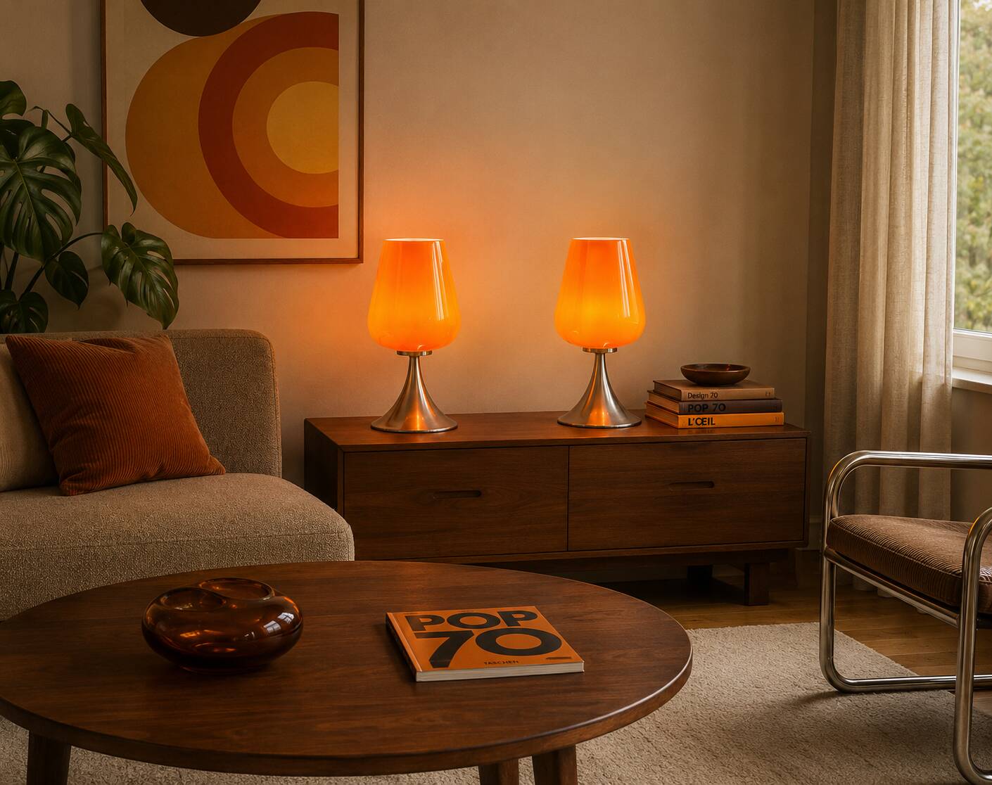 Paire de lampes space age en opaline orange et métal chromé