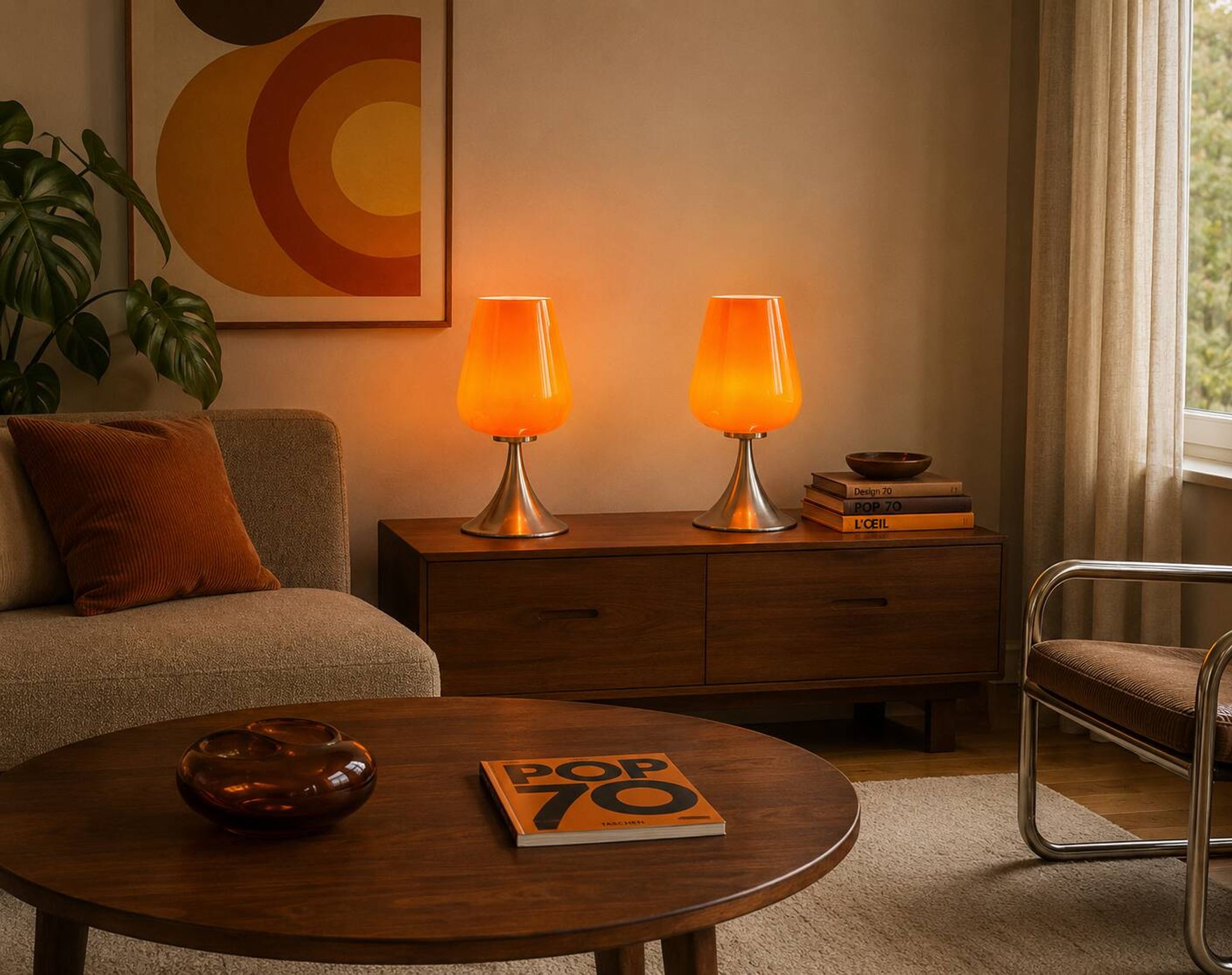Paire de lampes space age en opaline orange et métal chromé