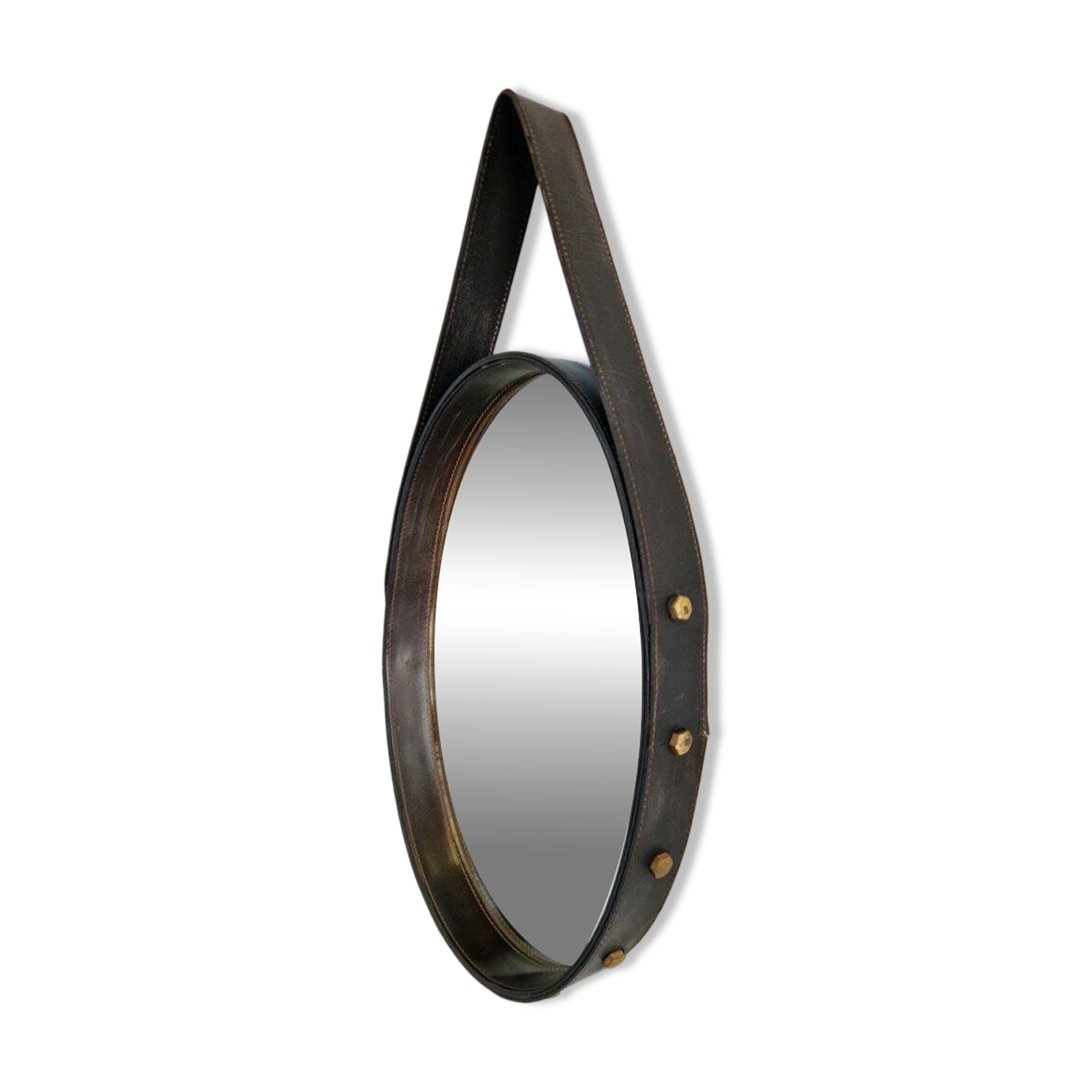 Florentine Oval Leather Mirror in Brass by Jacques Adnet, 1960s
