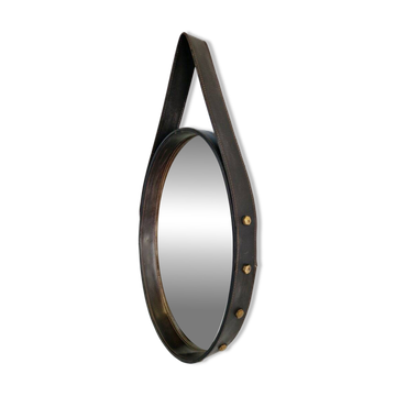 Florentine Oval Leather Mirror in Brass by Jacques Adnet, 1960s