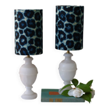 Pair of alabaster bedside lamps with blue leopard shades