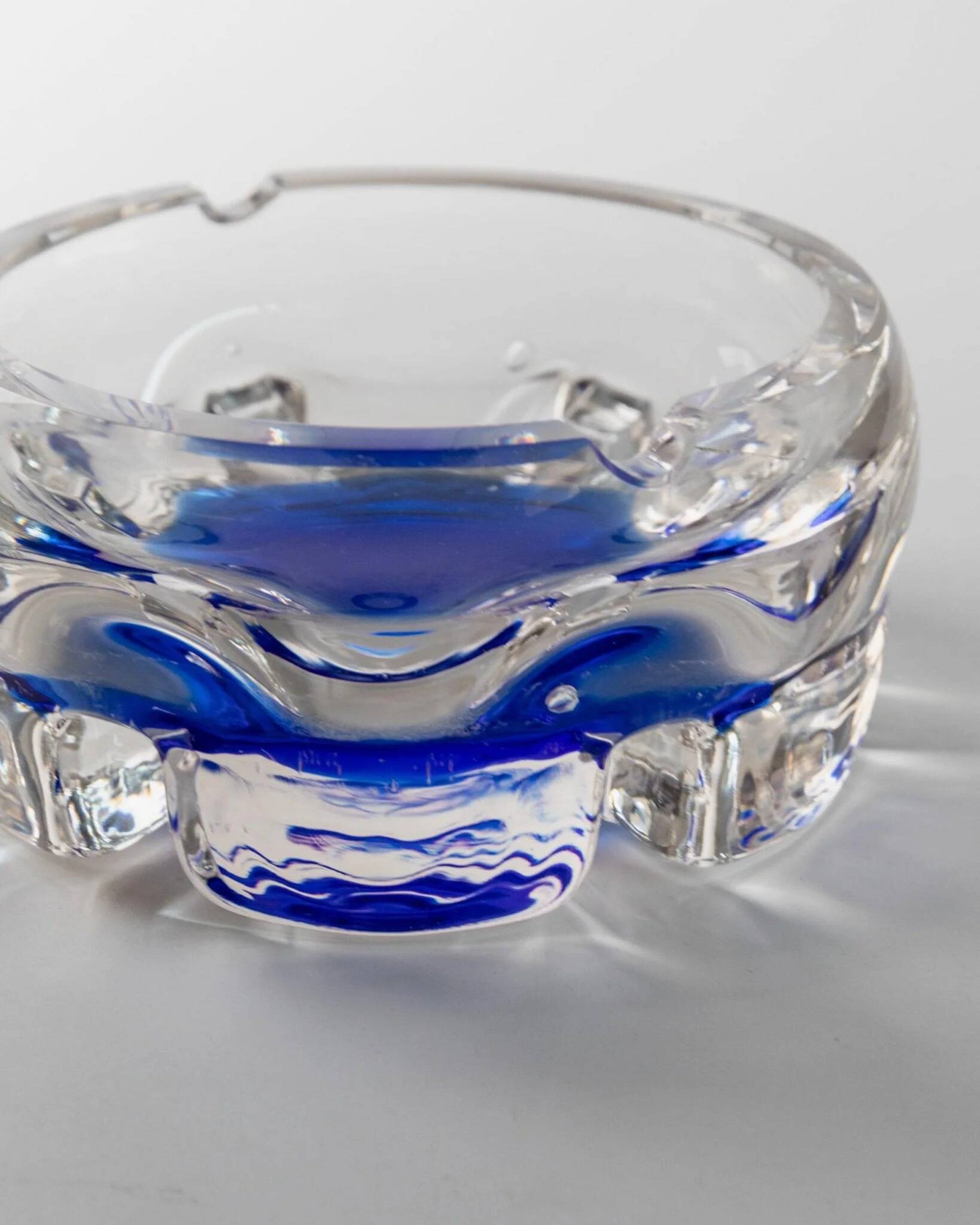 Vintage Murano Glass Ashtray: clear glass with cobalt-blue bubble, mid-century Italian design