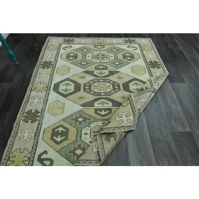 1970s vintage Turkish Oushak handmade wool cotton green area rug 164x207