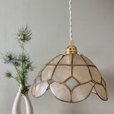 Vintage pendant lampshade in white and blue mother-of-pearl and brass