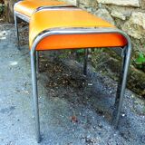 Pair of chrome and faux orange vintage stools "70"