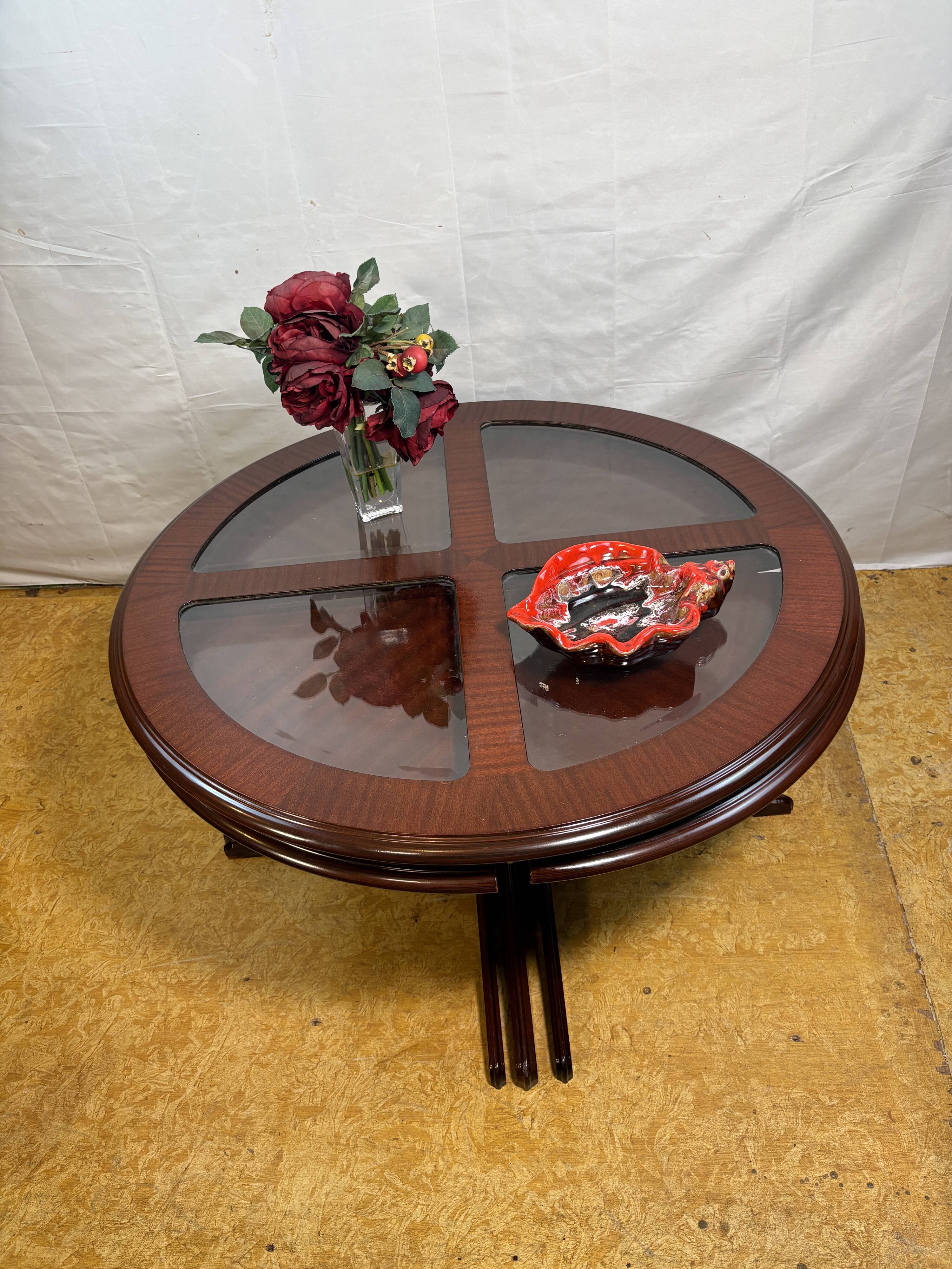 Vintage G-Plan Round Coffee Table & 4 Nested Stools | 1970s | Mahogany & Gl