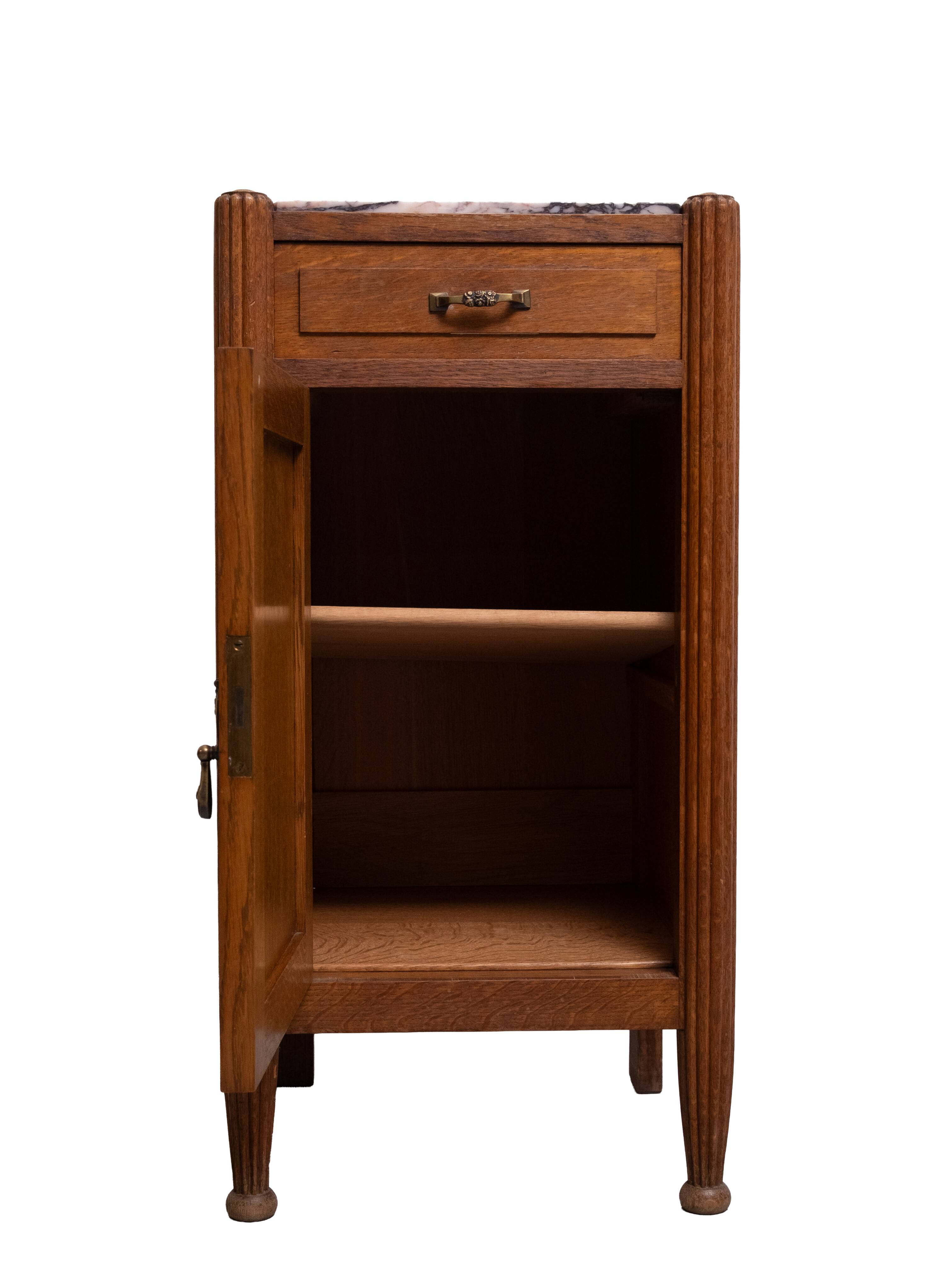 Art Nouveau Nightstand, Solid Oak & Marble Top, Hand-Carved, 1920s