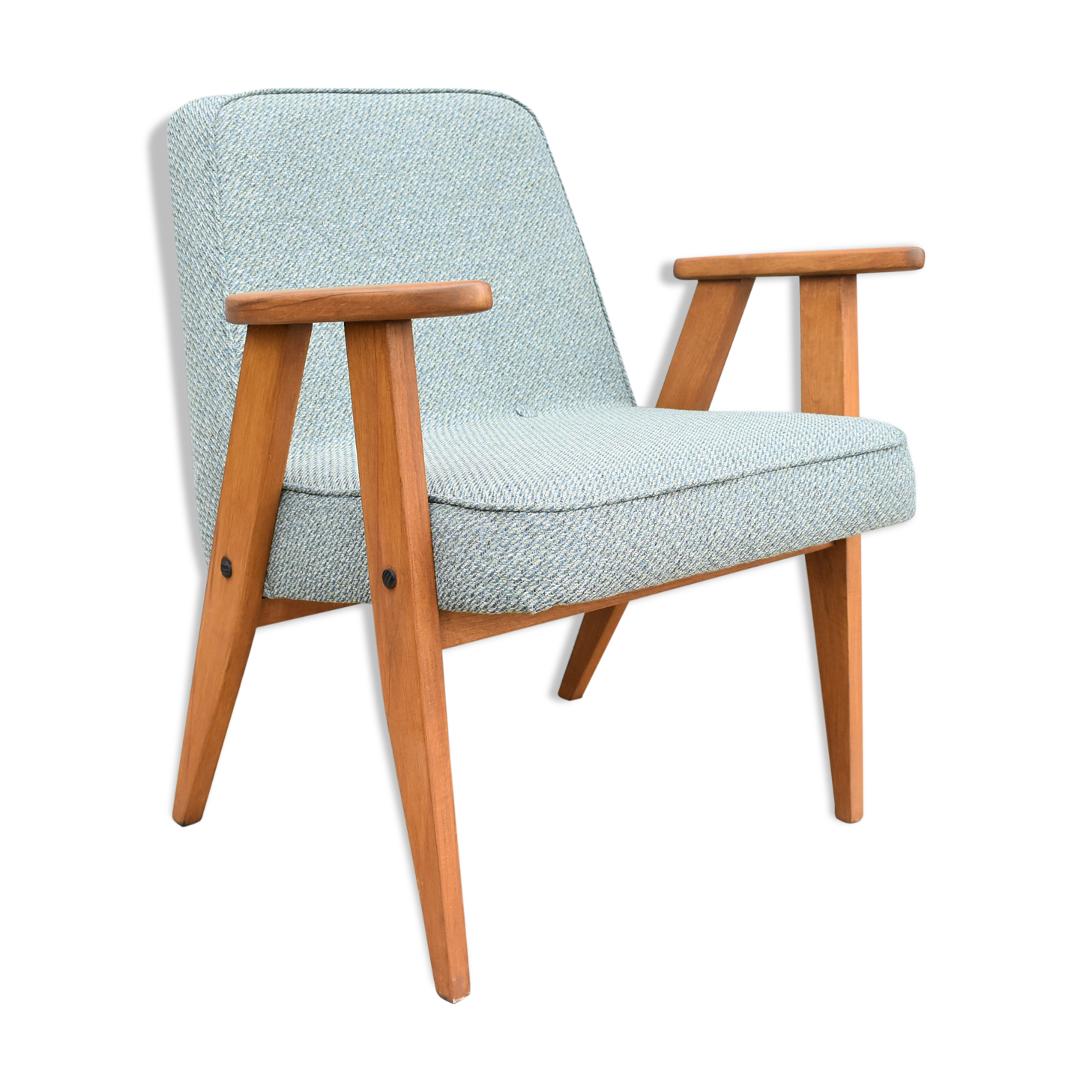 Fauteuil restauré vintage, années 60, conçu par J.Chierowski, tissu vert