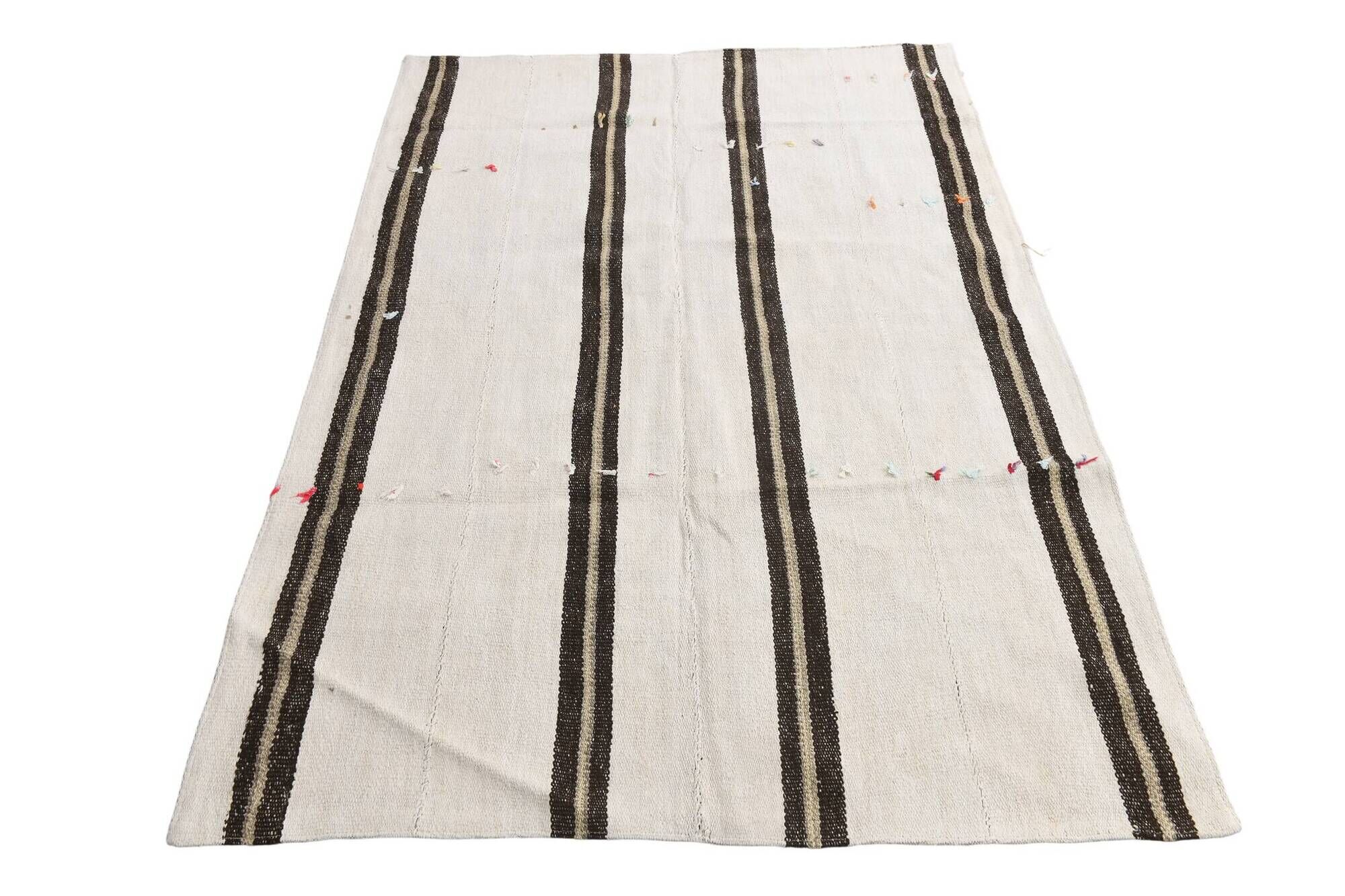 5x7 Turkish Hand-Woven Beige & Brown Striped Kilim Carpet, 144x202Cm