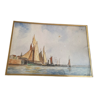 Sailboats in port, watercolor by Bouchard