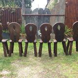 Brutalist rustic vintage chairs in solid oak. ( Series of 6 )