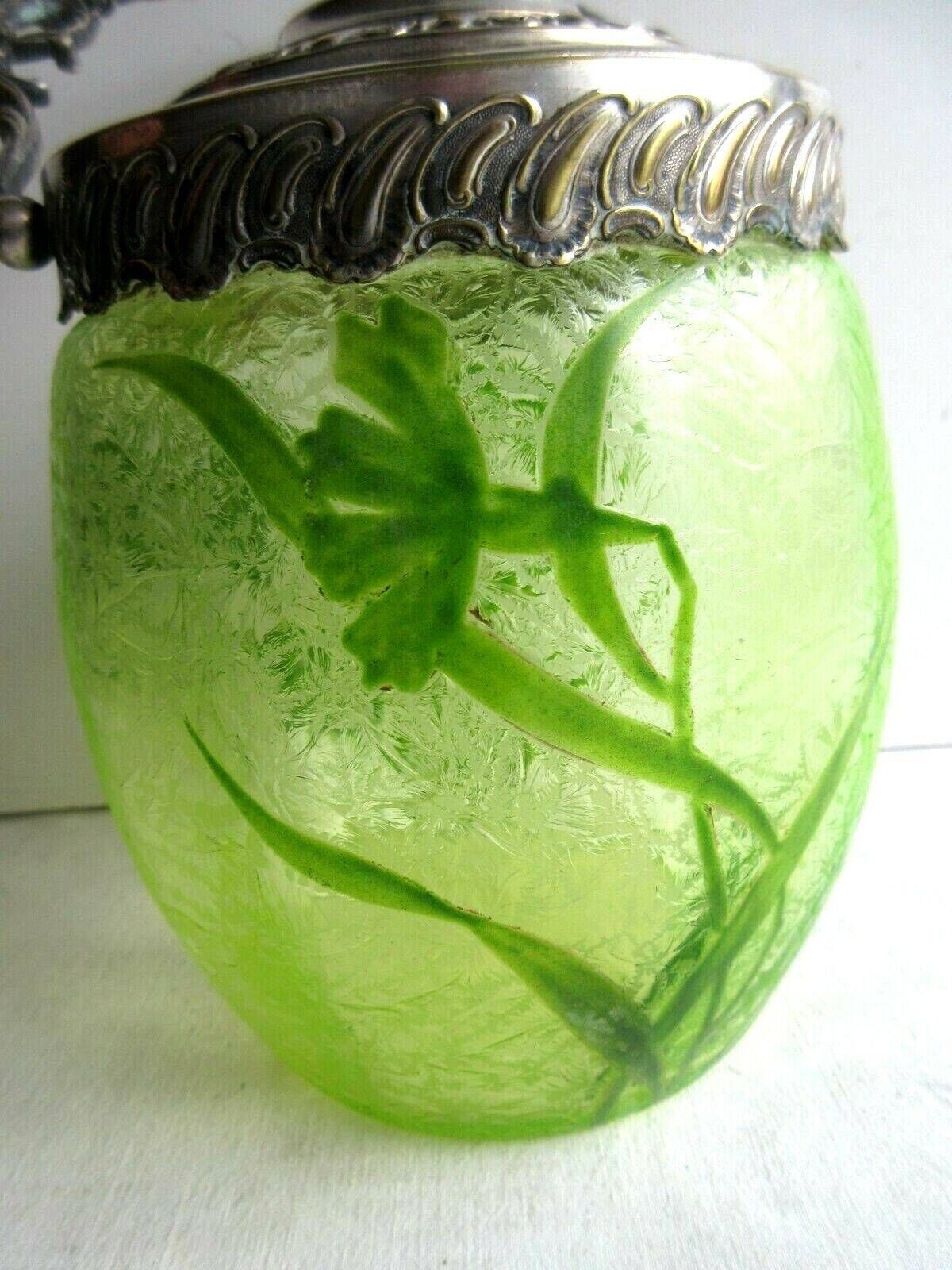 19th century biscuit bucket, legras enameled glass, acid-free eyelets, signed wmfm