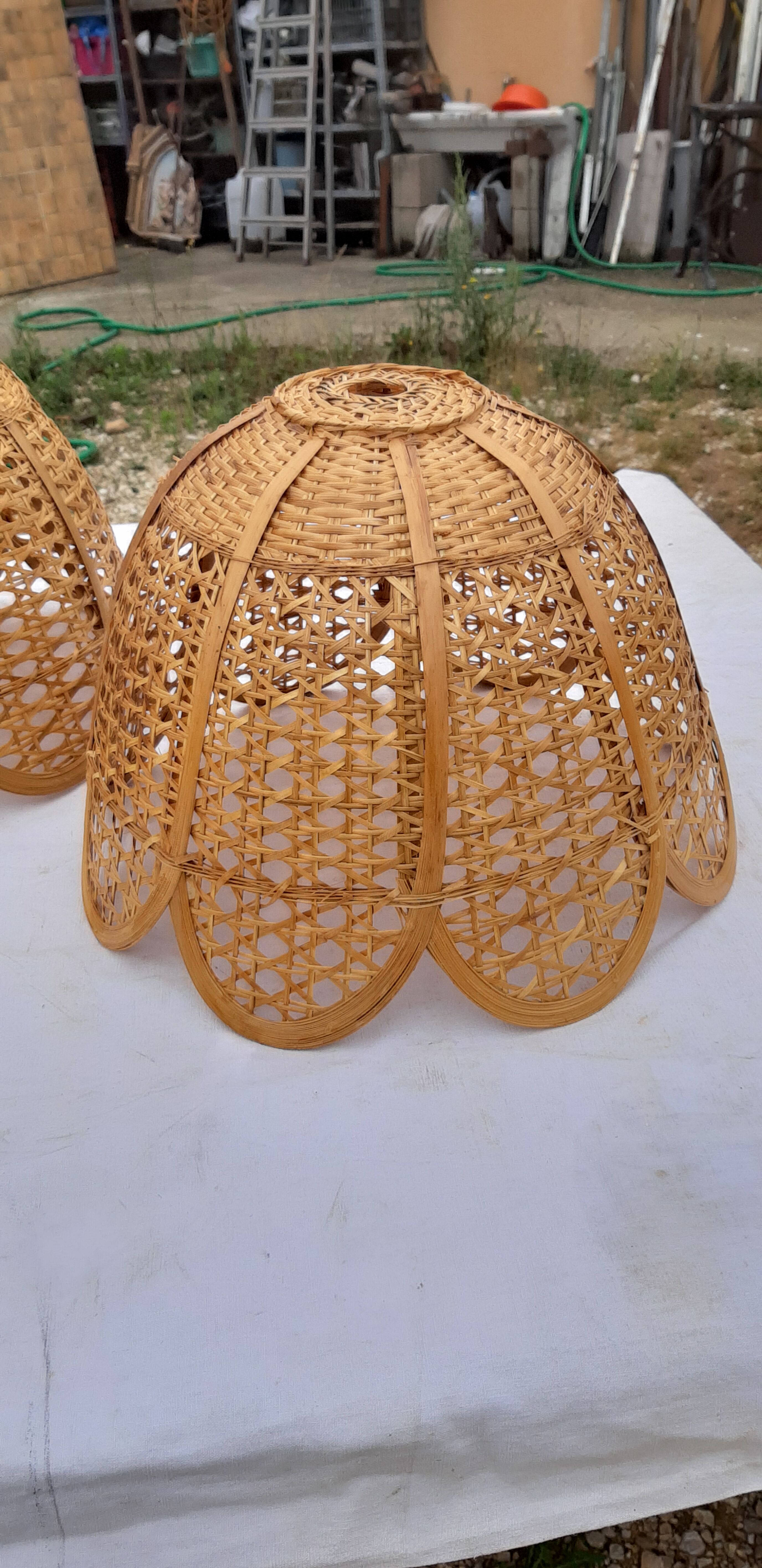 Set of 4 vintage wicker pendant lamps