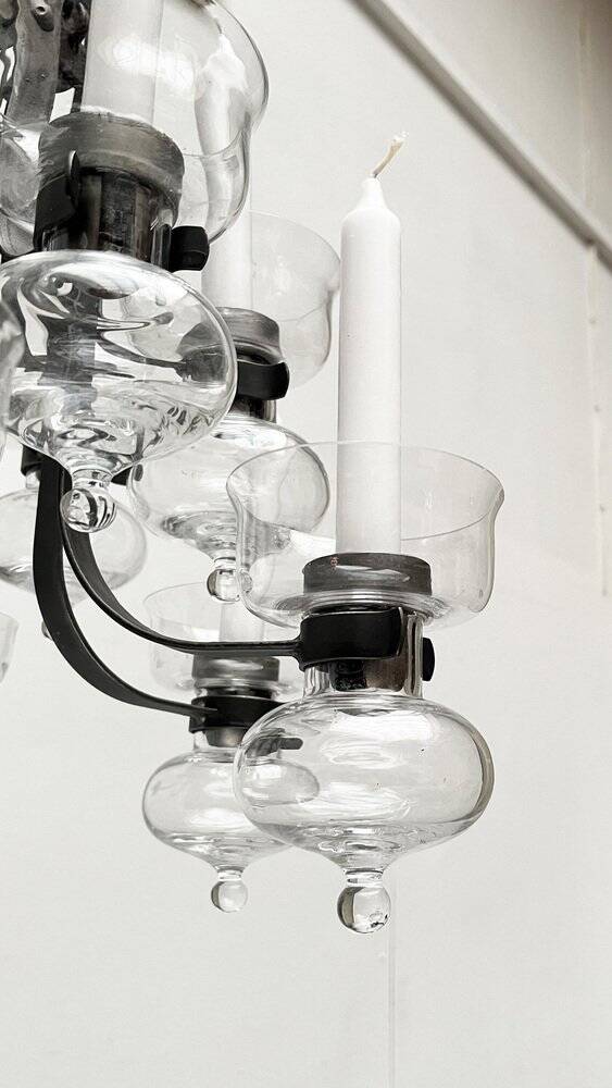 Lustre suédois mi-siècle en fer forgé et verre par Bertil Vallien et Axel Strömberg pour Kosta Boda et Bolin Smide, années 1960