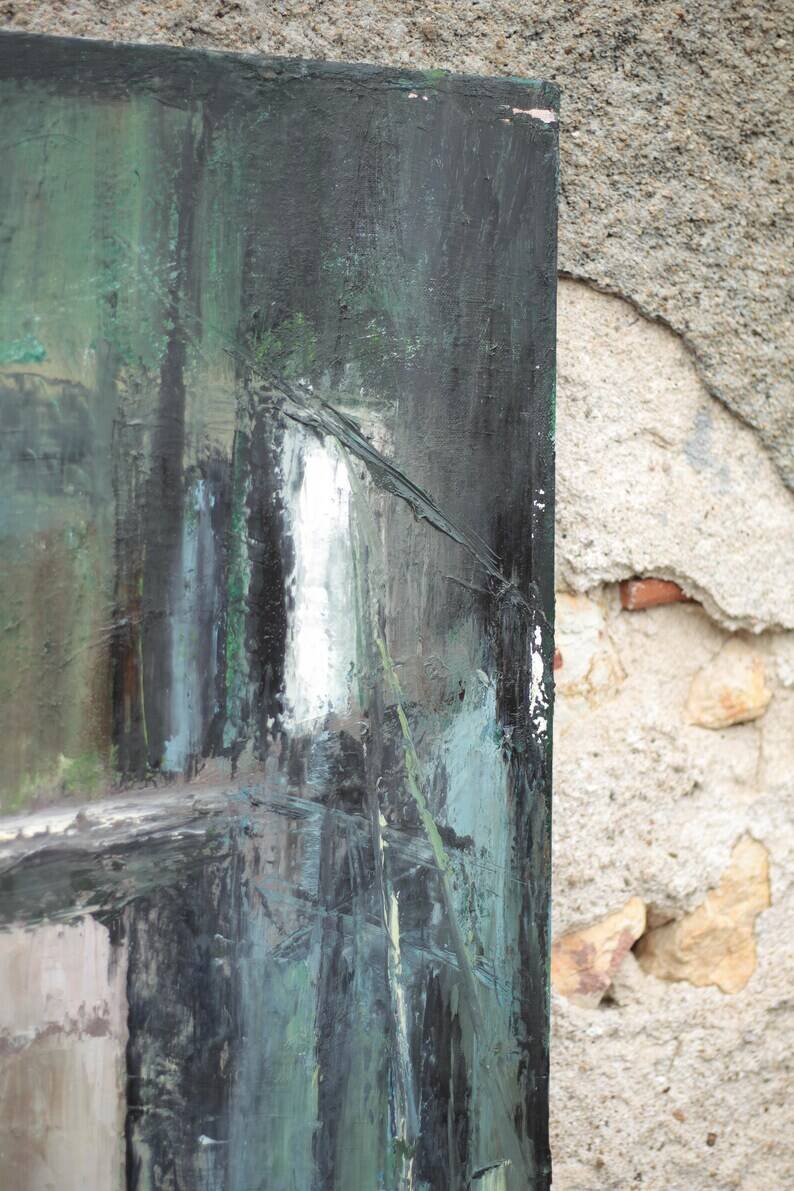Oil on canvas signed Monique Humbert, abstract composition, wall painting, interior decoration.