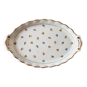 Grand plat, plateau ou plateau ovale de limoges à décor de petites fleurs multicolores et or 24 carat