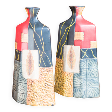 Pair of 1980s-90s Terracotta Vases – Geometric and Textured Design