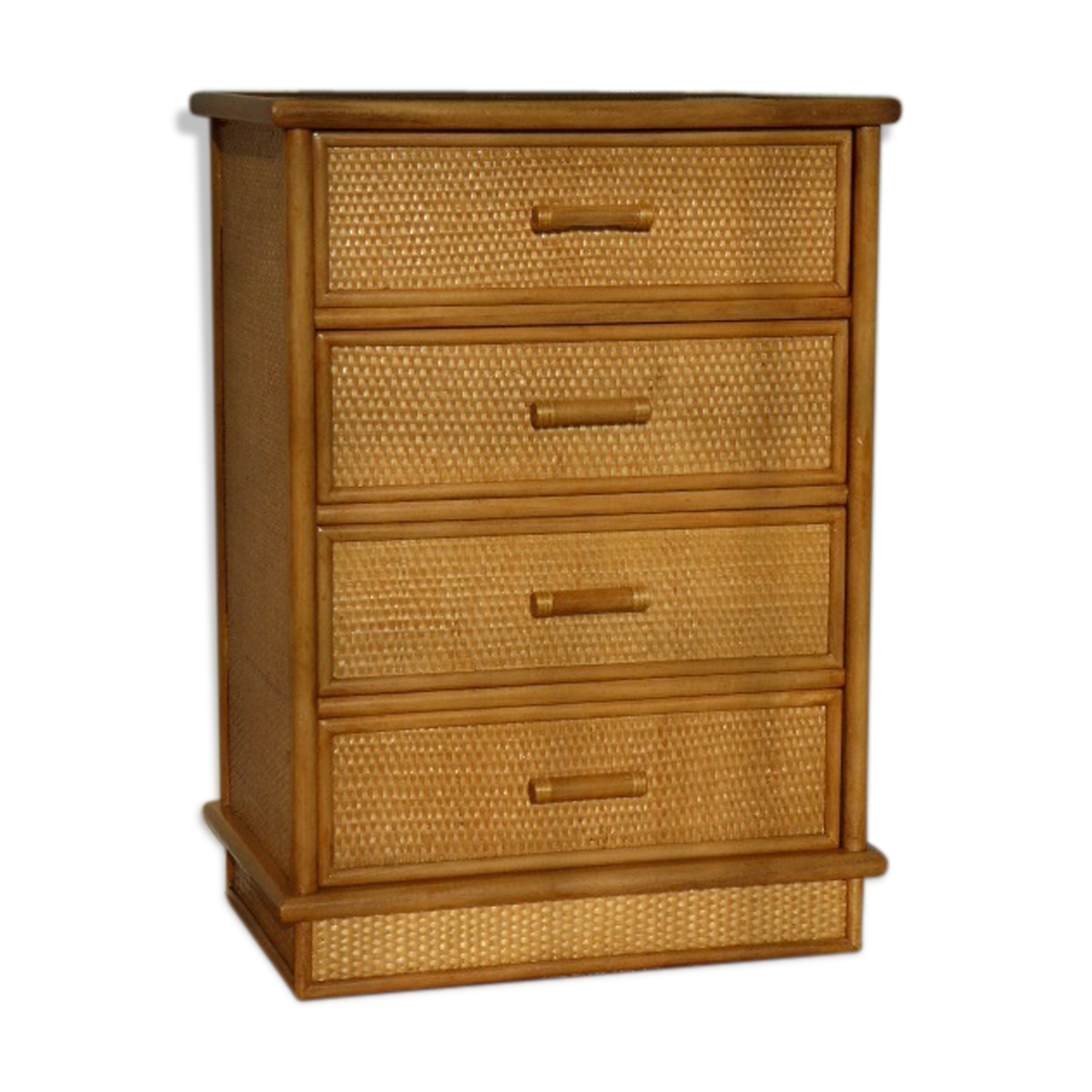 Chest of drawers vintage wood and rattan blond 4 drawers ca 1970