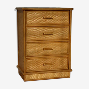 Chest of drawers vintage wood and rattan blond 4 drawers ca 1970