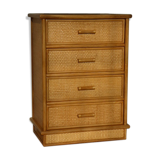Chest of drawers vintage wood and rattan blond 4 drawers ca 1970
