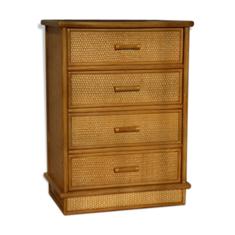 Chest of drawers vintage wood and rattan blond 4 drawers ca 1970