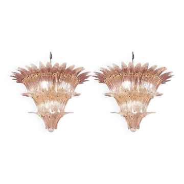 Luxury Pair of Pink “Palmette” Murano Glass Chandeliers in Mid-Century