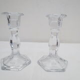 old pair of carved crystal candle holders, hexagonal foot