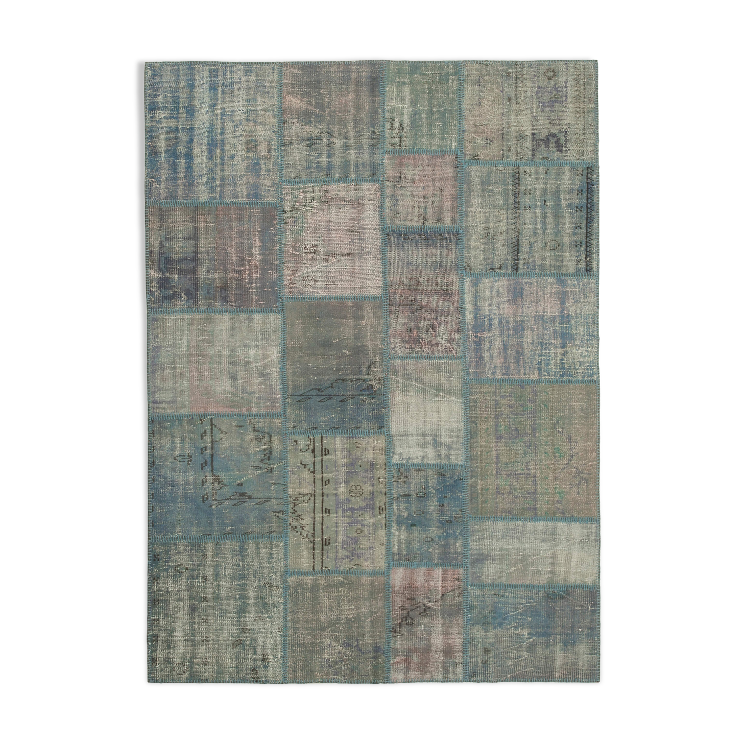 Handwoven turkish contemporary 175 cm x 242 cm blue patchwork carpet