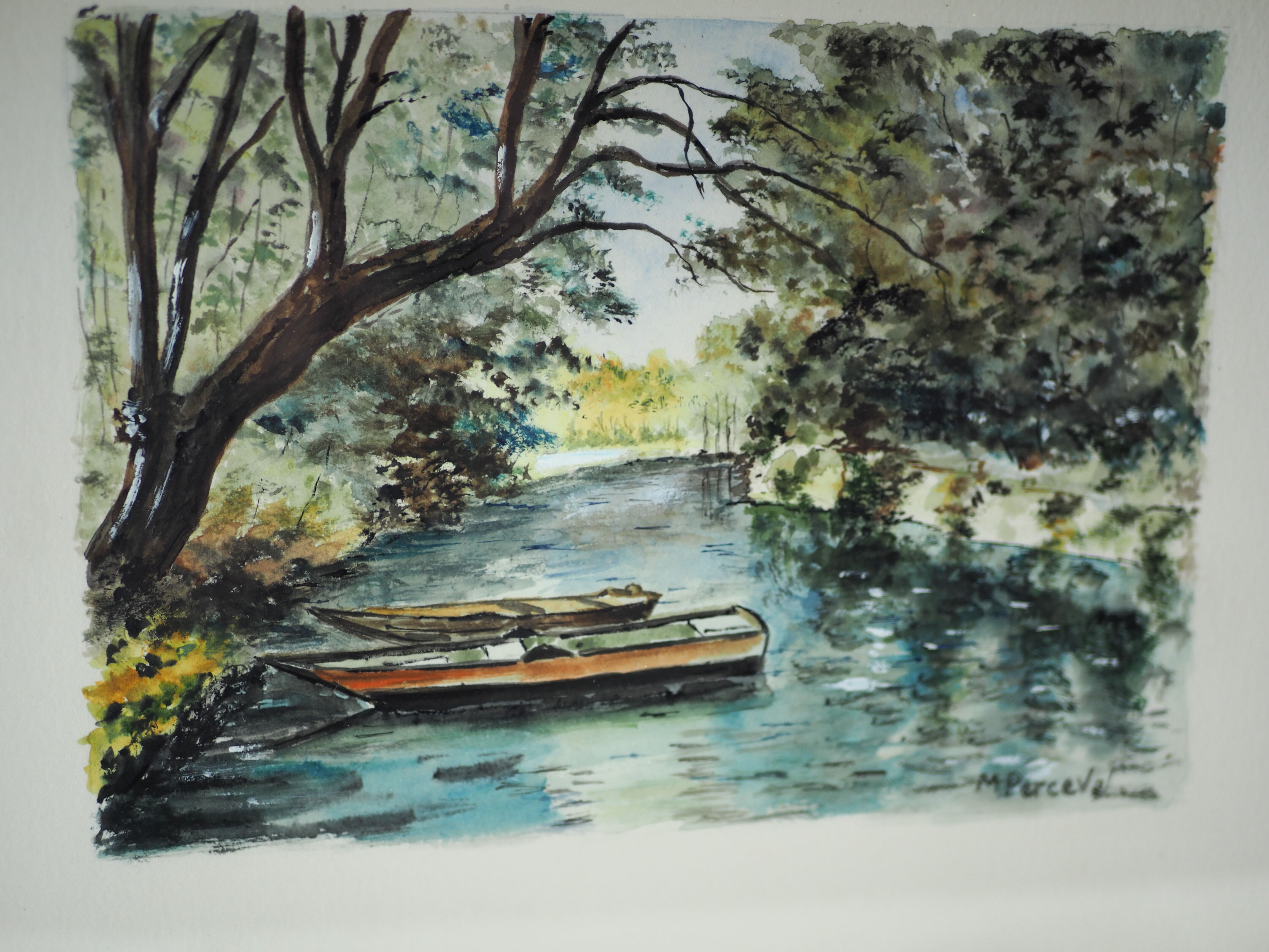 River and its two boats overlooked by a falling willow - Monique Perceval