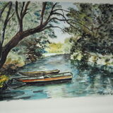 River and its two boats overlooked by a falling willow - Monique Perceval