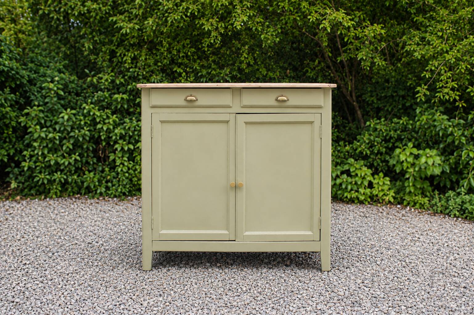 Renovated old Parisian buffet – Clay Green Envie & wooden top – 99 cm
