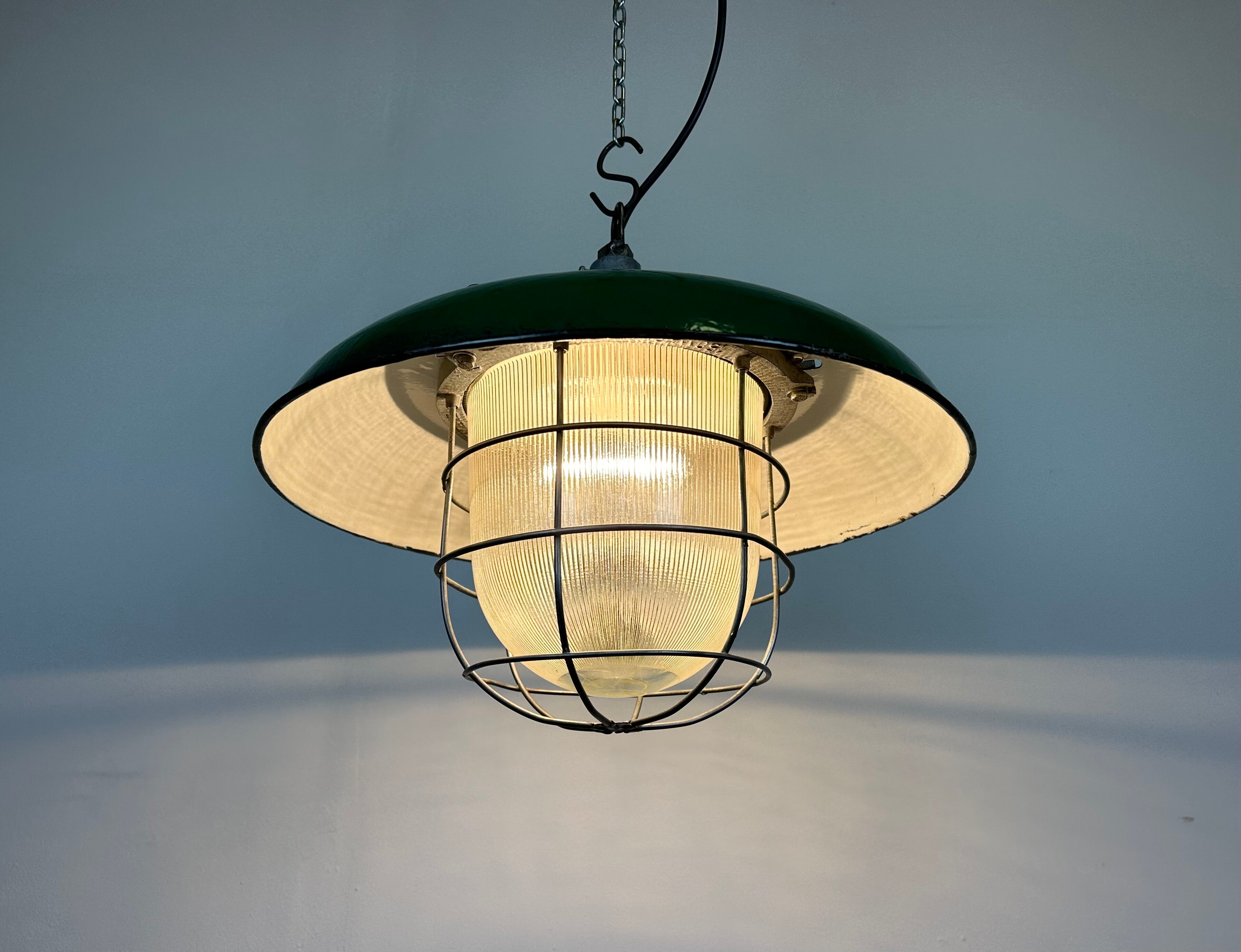 Industrial Green Enamel Factory Cage Pendant Lamp in Cast Iron from Zaos, 1960s