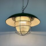 Industrial Green Enamel Factory Cage Pendant Lamp in Cast Iron from Zaos, 1960s