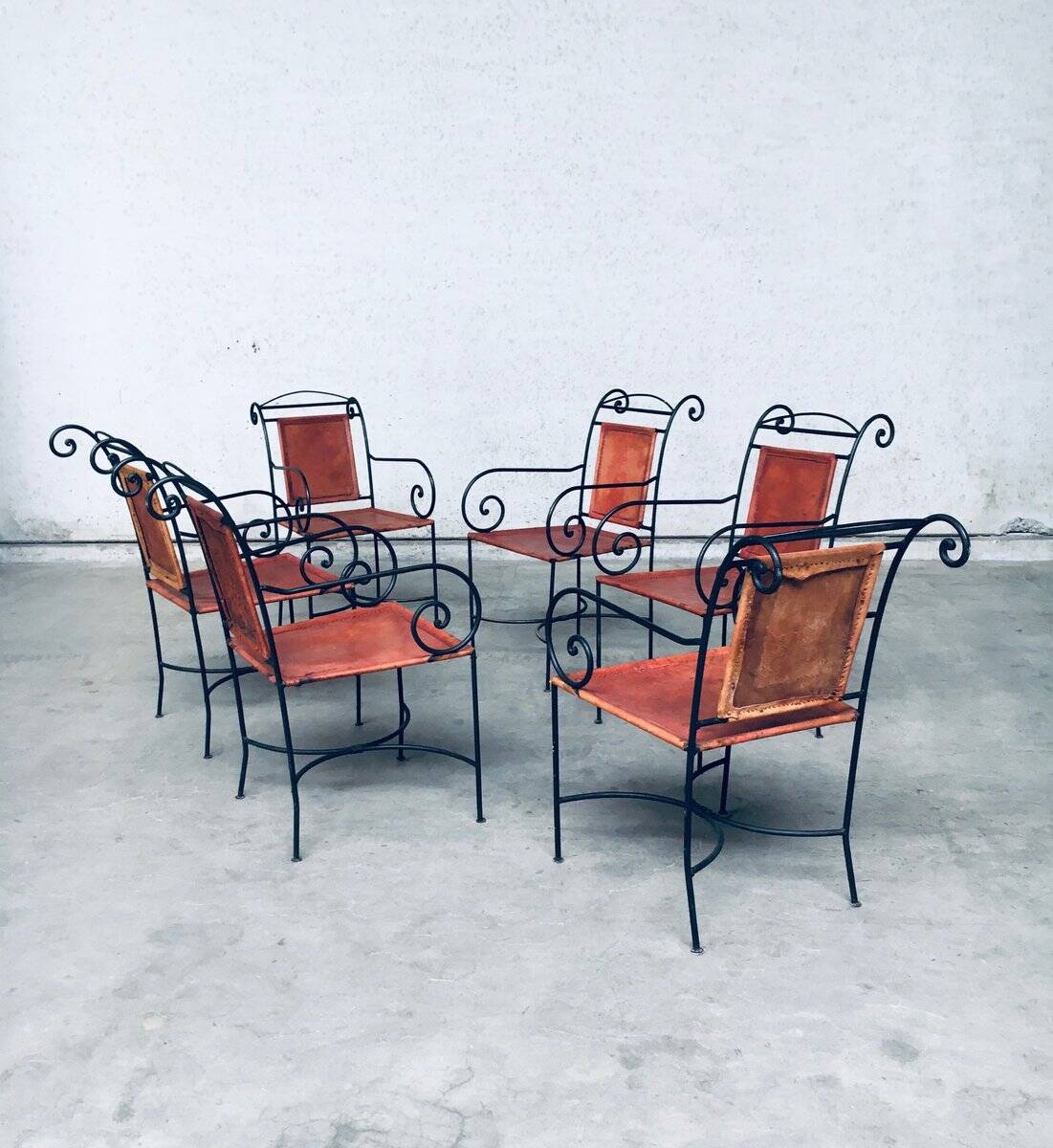 Wrought Iron and Leather Swirl Dining Chairs, Spain, 1960s, Set of 6