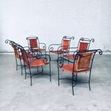 Wrought Iron and Leather Swirl Dining Chairs, Spain, 1960s, Set of 6