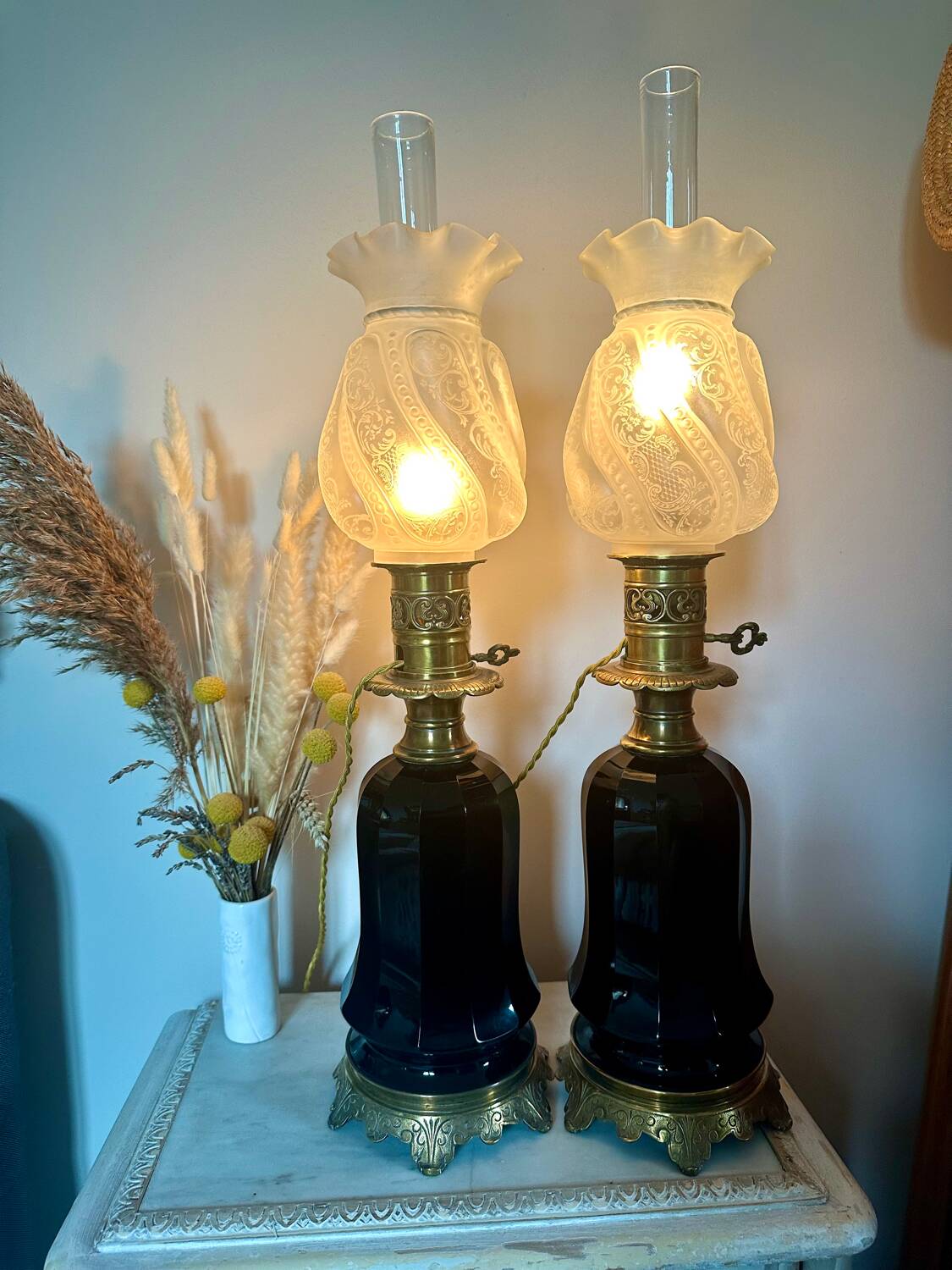 Pair of Napoleon III bronze and glass lamps