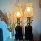Pair of Napoleon III bronze and glass lamps