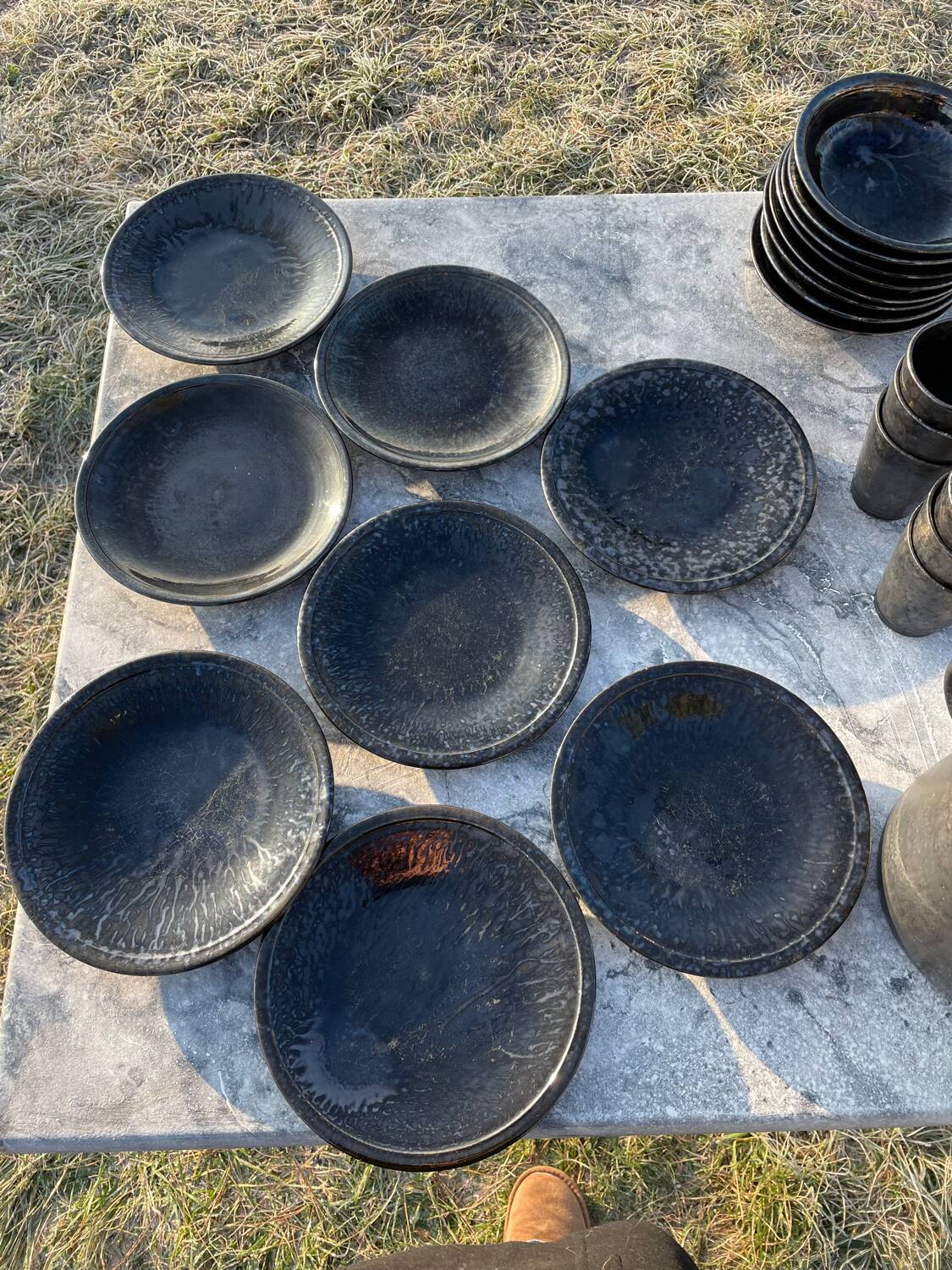 Vallauris service, the pottery of the great oak. Black metal glazed ceramics.